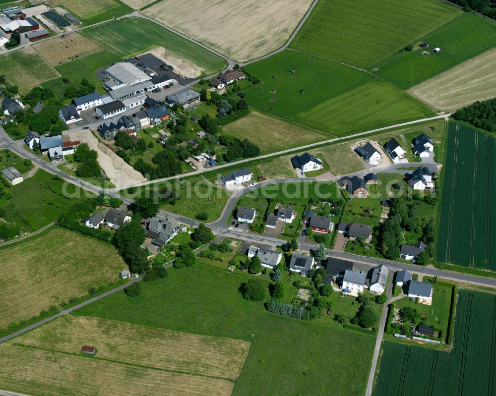 Gammelshausen from above - Agricultural land and field boundaries surround the settlement area of the village in Gammelshausen in the state Rhineland-Palatinate, Germany