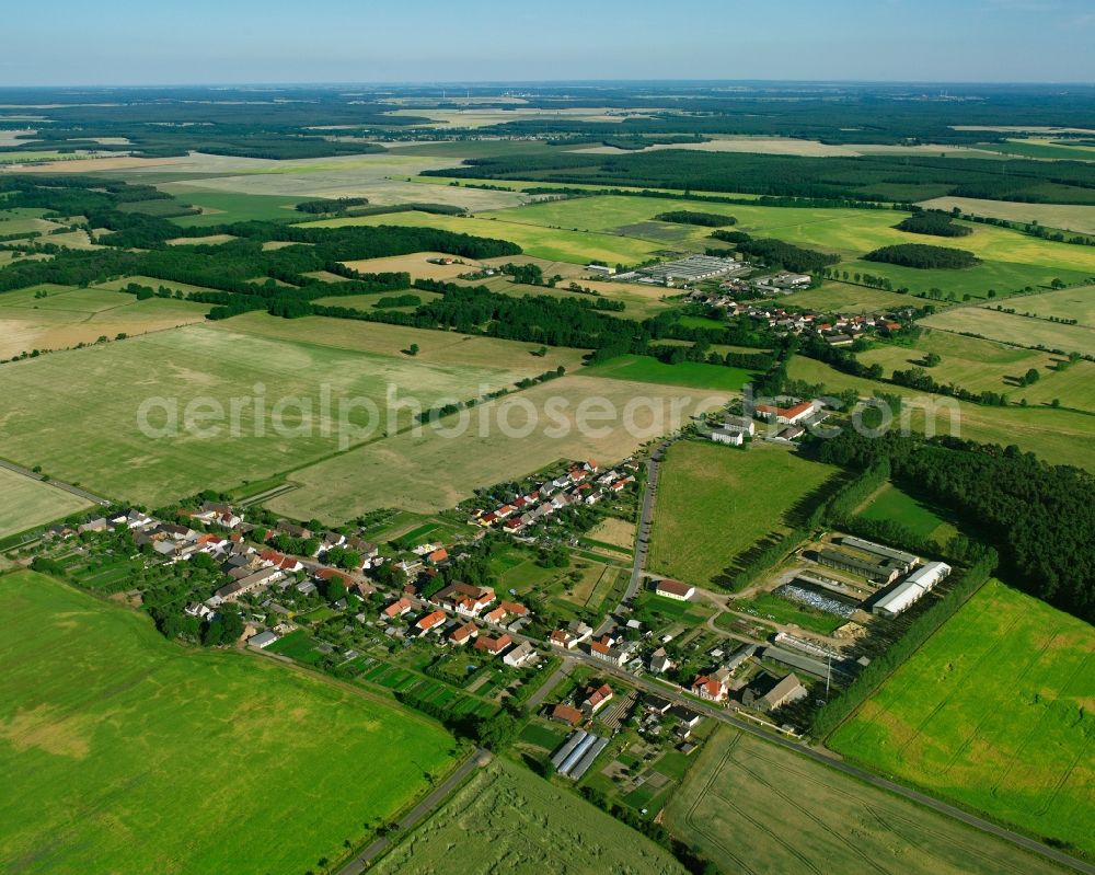 Aerial photograph Garitz - Agricultural land and field boundaries surround the settlement area of the village in Garitz in the state Saxony-Anhalt, Germany