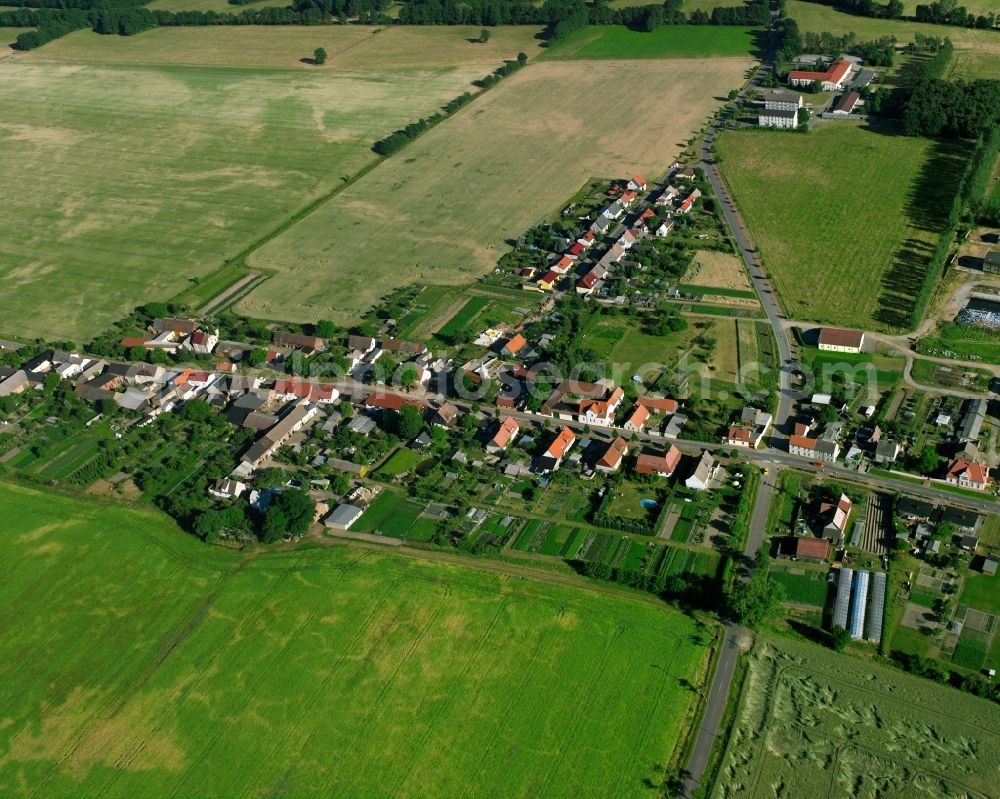 Garitz from above - Agricultural land and field boundaries surround the settlement area of the village in Garitz in the state Saxony-Anhalt, Germany