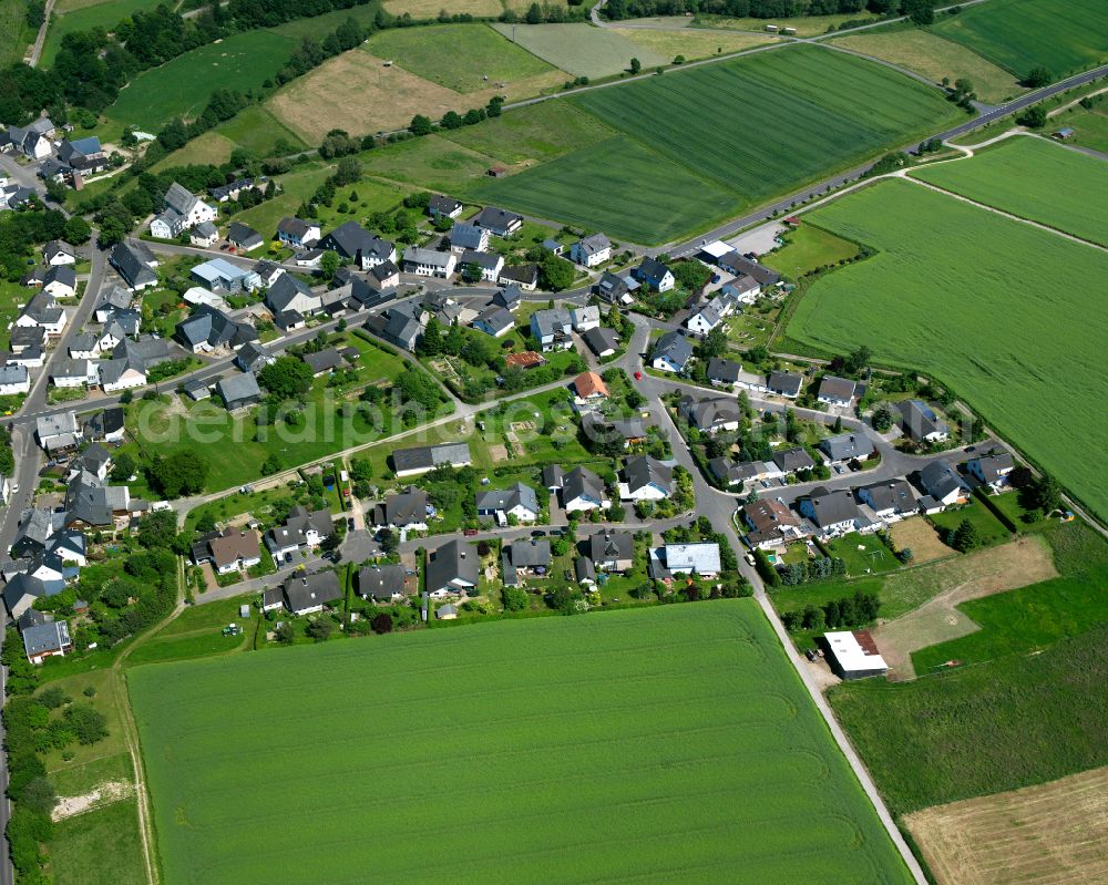 Gaß from above - Agricultural land and field boundaries surround the settlement area of the village in Gaß in the state Rhineland-Palatinate, Germany