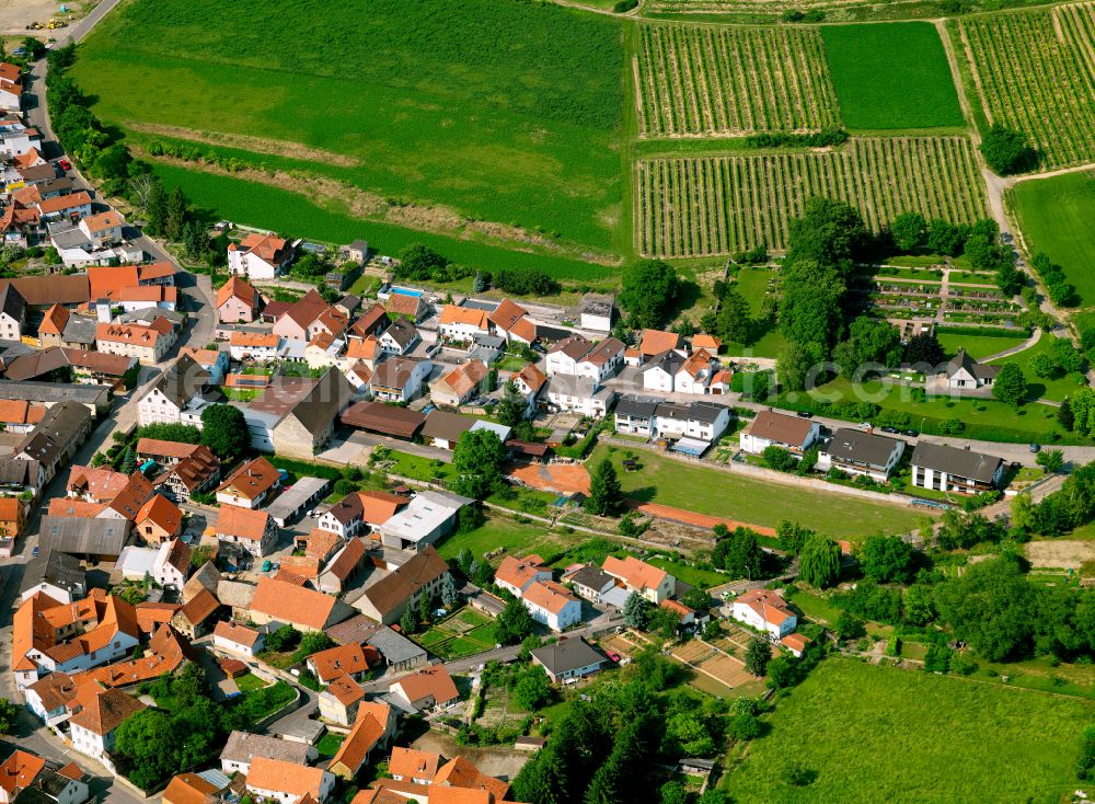 Gauersheim from above - Agricultural land and field boundaries surround the settlement area of the village in Gauersheim in the state Rhineland-Palatinate, Germany