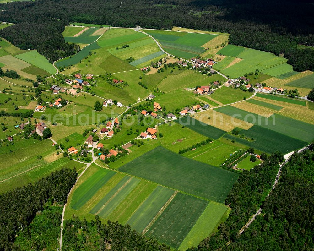 Aerial image Gaugenwald - Agricultural land and field boundaries surround the settlement area of the village in Gaugenwald in the state Baden-Wuerttemberg, Germany