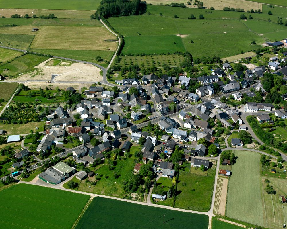 Gödenroth from above - Agricultural land and field boundaries surround the settlement area of the village in Gödenroth in the state Rhineland-Palatinate, Germany