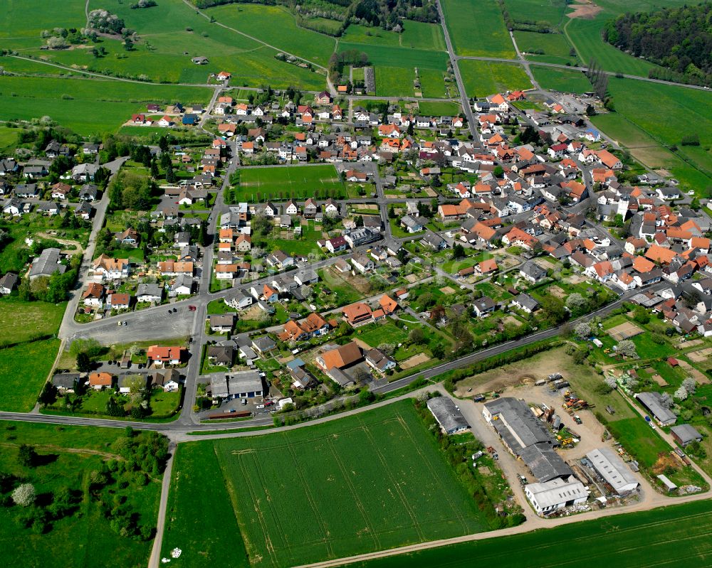 Aerial image Geilshausen - Agricultural land and field boundaries surround the settlement area of the village in Geilshausen in the state Hesse, Germany