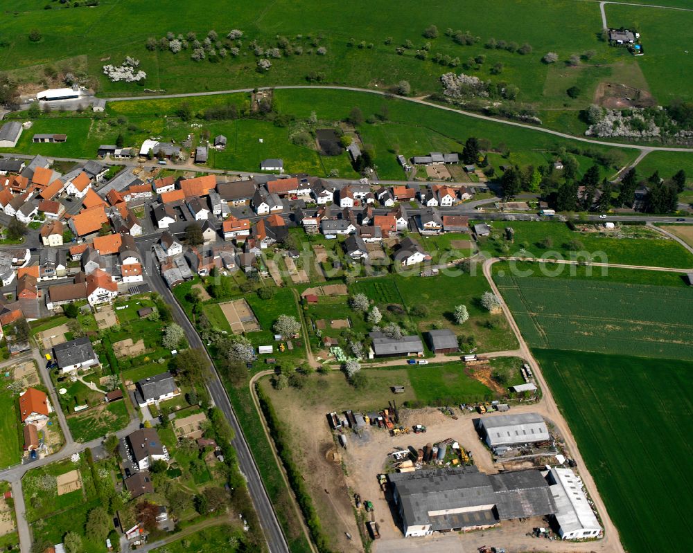 Geilshausen from above - Agricultural land and field boundaries surround the settlement area of the village in Geilshausen in the state Hesse, Germany