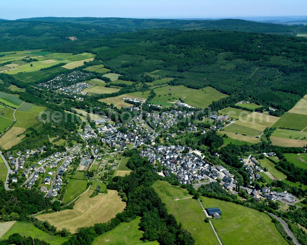 Aerial image Gemünden - Agricultural land and field boundaries surround the settlement area of the village in Gemünden in the state Rhineland-Palatinate, Germany