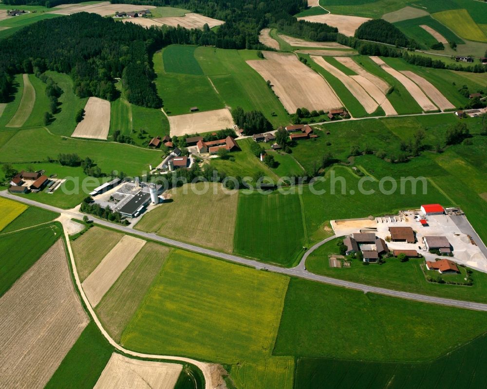 St Georgen from above - Agricultural land and field boundaries surround the settlement area of the village in St Georgen in the state Bavaria, Germany