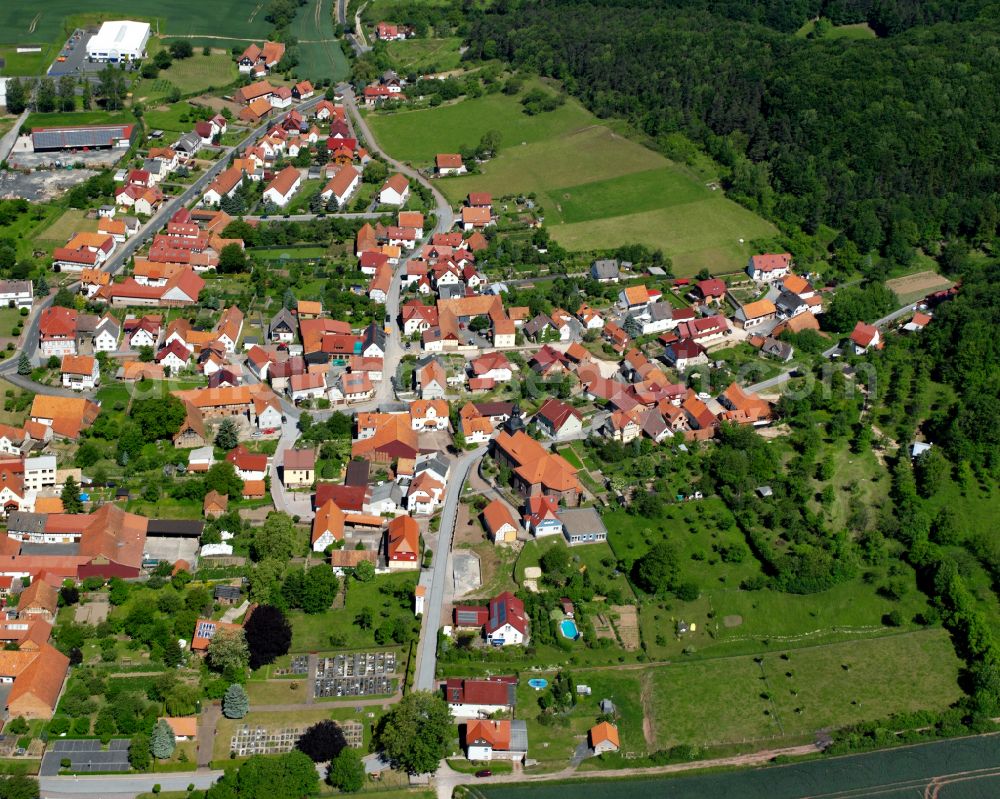 Aerial image Gerbershausen - Agricultural land and field boundaries surround the settlement area of the village in Gerbershausen in the state Thuringia, Germany