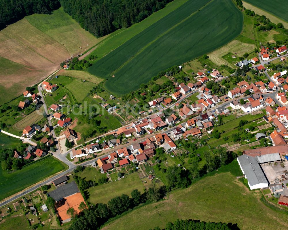 Aerial photograph Gerterode - Agricultural land and field boundaries surround the settlement area of the village on street Baumgartenweg in Gerterode in the state Thuringia, Germany