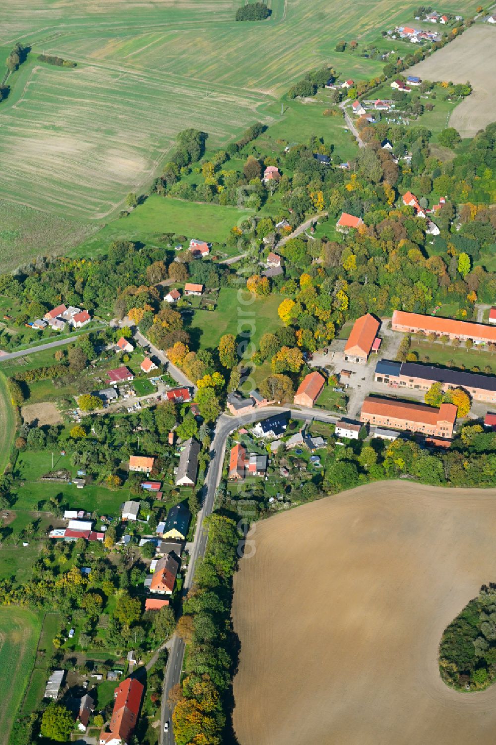 Göhren from above - Agricultural land and field boundaries surround the settlement area of the village in Goehren in the state Mecklenburg - Western Pomerania, Germany