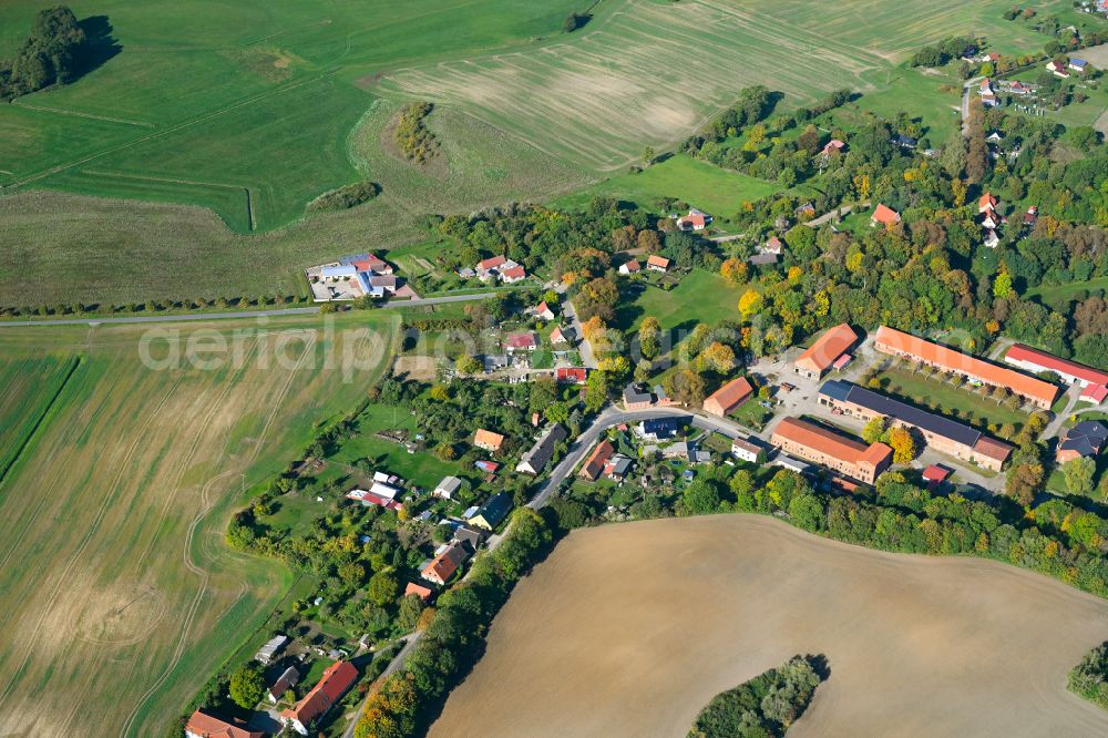 Göhren from the bird's eye view: Agricultural land and field boundaries surround the settlement area of the village in Goehren in the state Mecklenburg - Western Pomerania, Germany