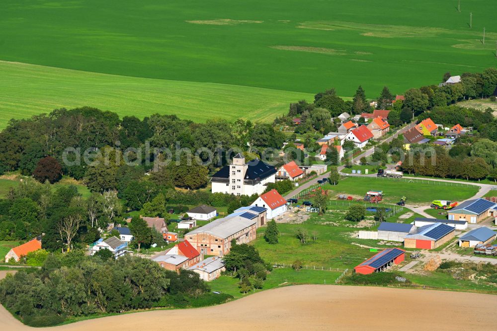 Gollmitz from above - Agricultural land and field boundaries surround the settlement area of the village in Gollmitz Uckermark in the state Brandenburg, Germany