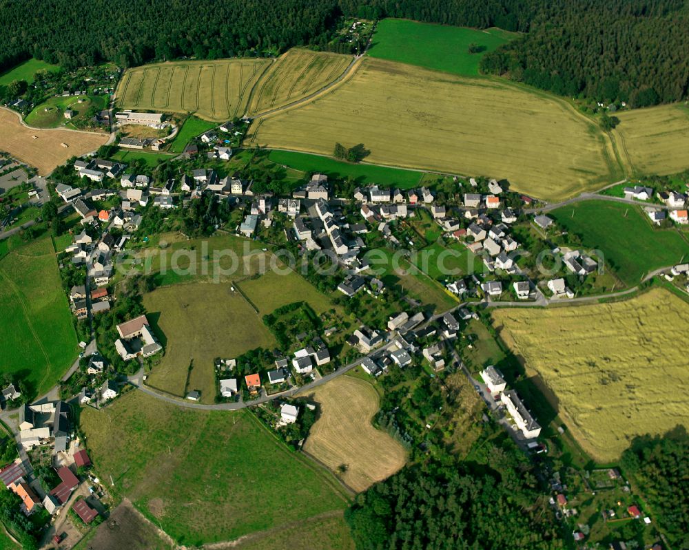 Aerial photograph Gommla - Agricultural land and field boundaries surround the settlement area of the village in Gommla in the state Thuringia, Germany