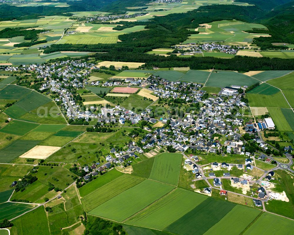 Gondershausen from above - Agricultural land and field boundaries surround the settlement area of the village in Gondershausen in the state Rhineland-Palatinate, Germany