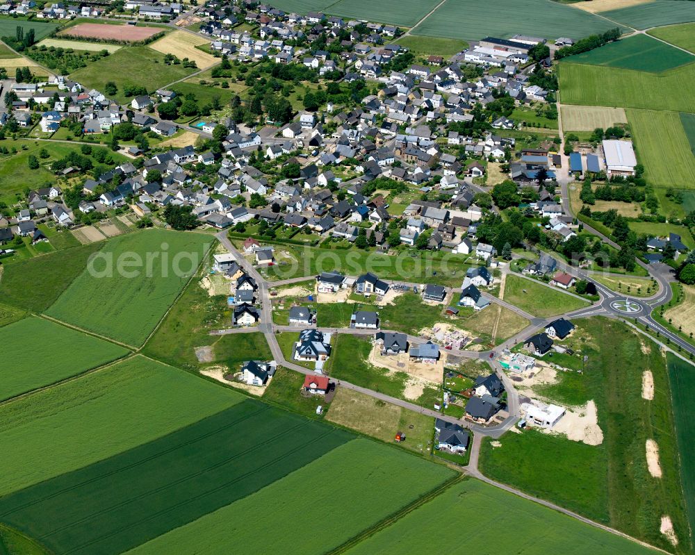 Gondershausen from the bird's eye view: Agricultural land and field boundaries surround the settlement area of the village in Gondershausen in the state Rhineland-Palatinate, Germany