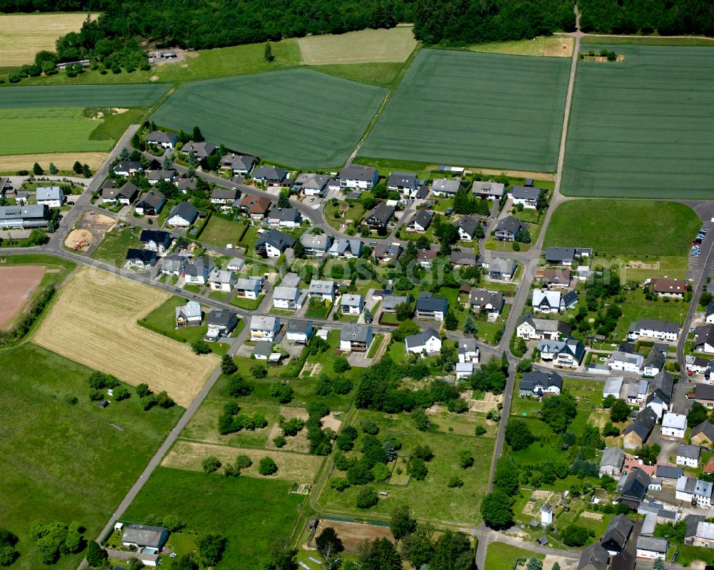 Gondershausen from above - Agricultural land and field boundaries surround the settlement area of the village in Gondershausen in the state Rhineland-Palatinate, Germany