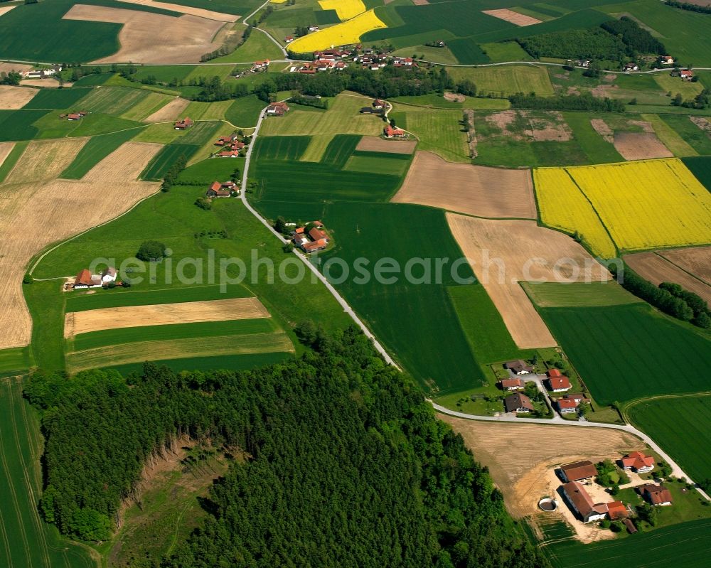 Aerial photograph Gopping - Agricultural land and field boundaries surround the settlement area of the village in Gopping in the state Bavaria, Germany