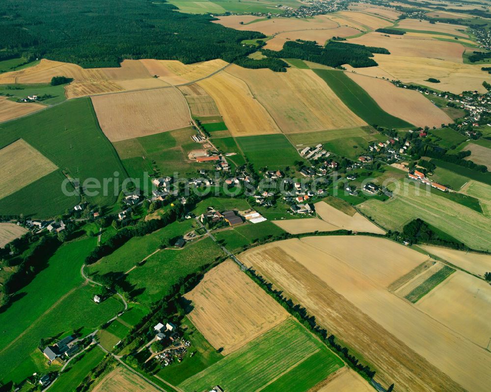 Gottesgrün from the bird's eye view: Agricultural land and field boundaries surround the settlement area of the village in Gottesgrün in the state Thuringia, Germany