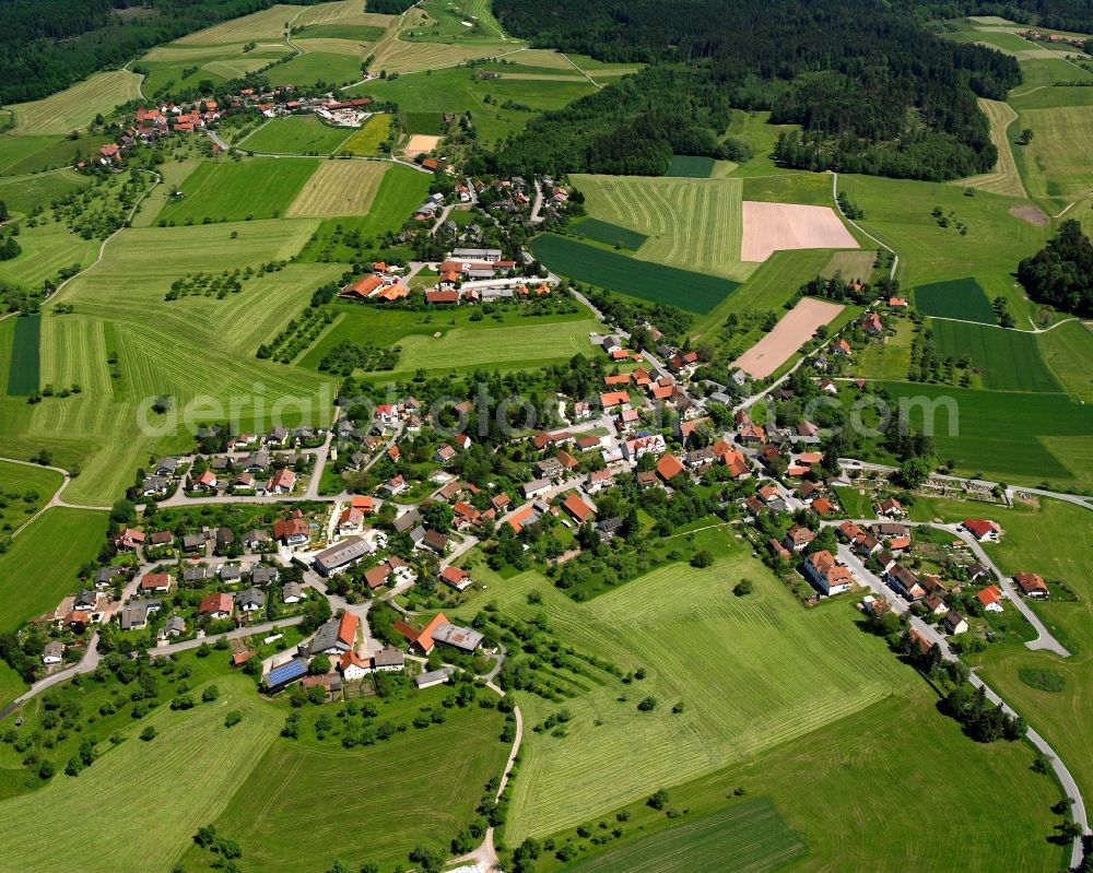 Grab from above - Agricultural land and field boundaries surround the settlement area of the village in Grab in the state Baden-Wuerttemberg, Germany