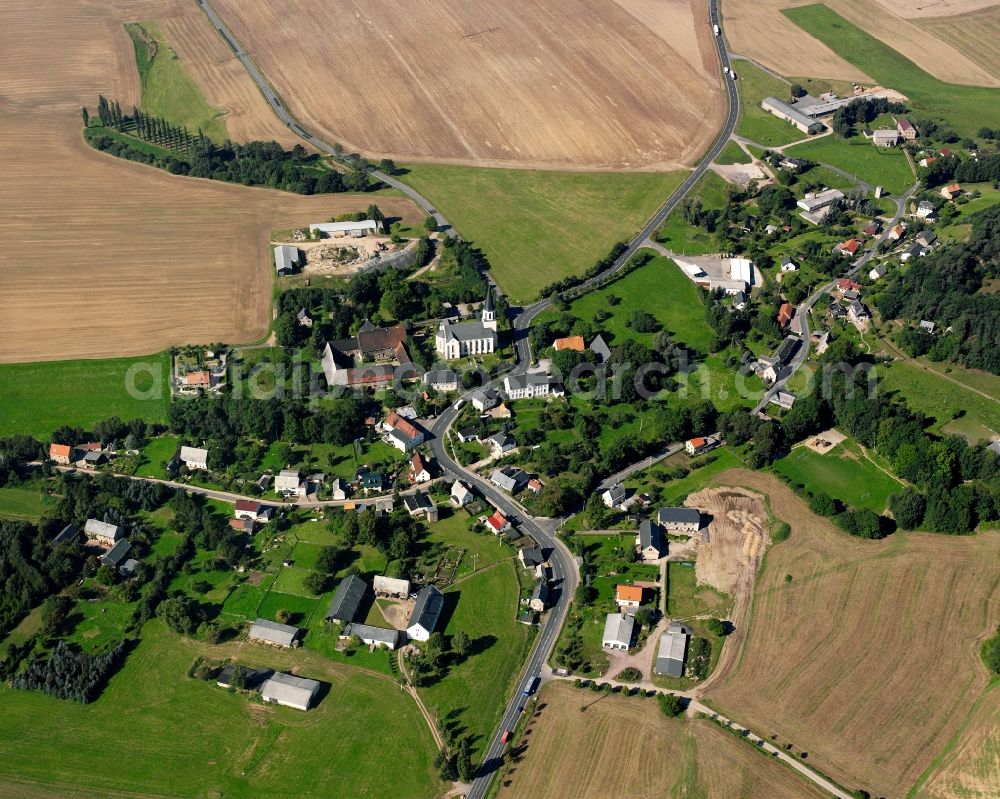 Aerial photograph Greifendorf - Agricultural land and field boundaries surround the settlement area of the village in Greifendorf in the state Saxony, Germany