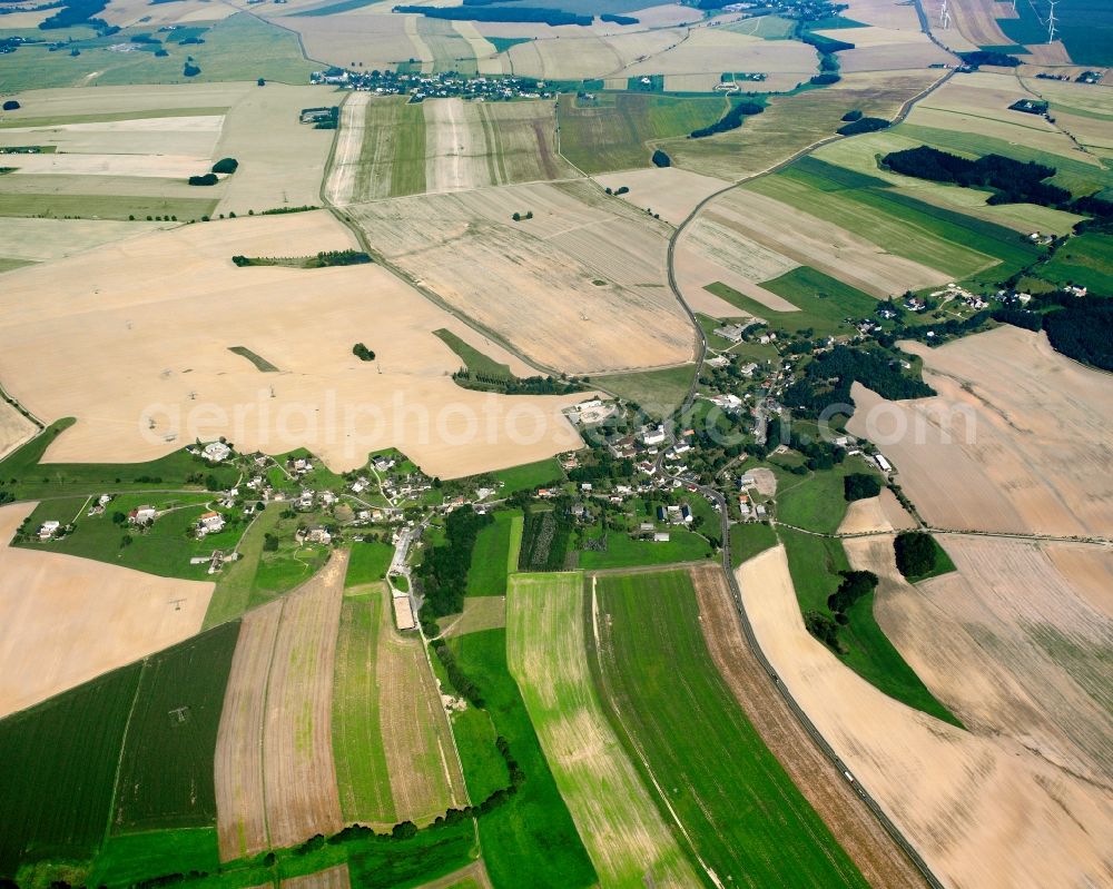 Greifendorf from above - Agricultural land and field boundaries surround the settlement area of the village in Greifendorf in the state Saxony, Germany