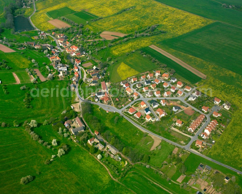 Grüna from above - Agricultural land and field boundaries surround the settlement area of the village in Grüna in the state Thuringia, Germany