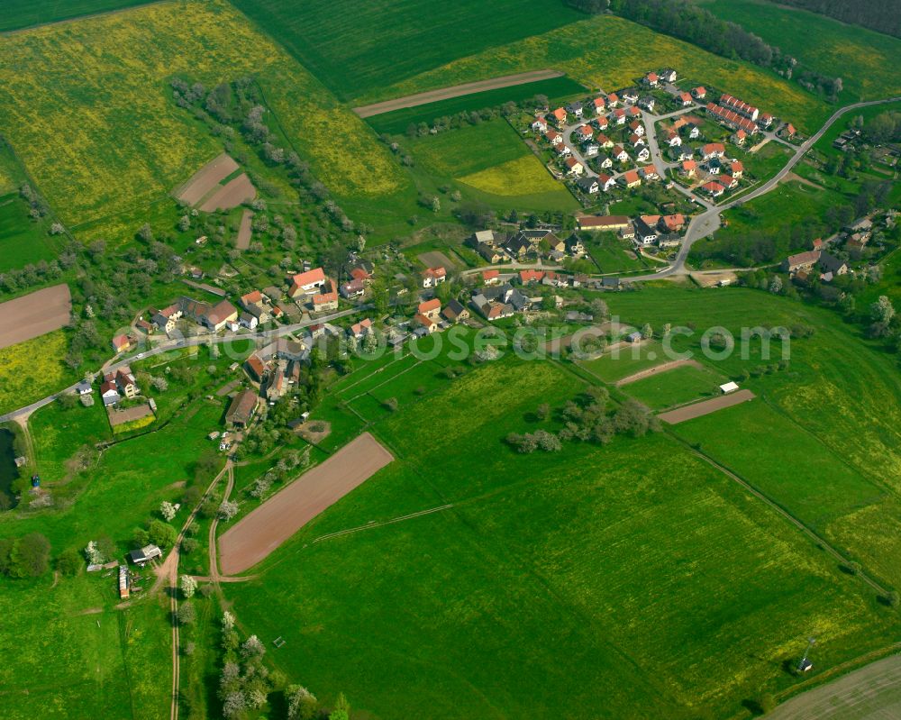 Grüna from the bird's eye view: Agricultural land and field boundaries surround the settlement area of the village in Grüna in the state Thuringia, Germany