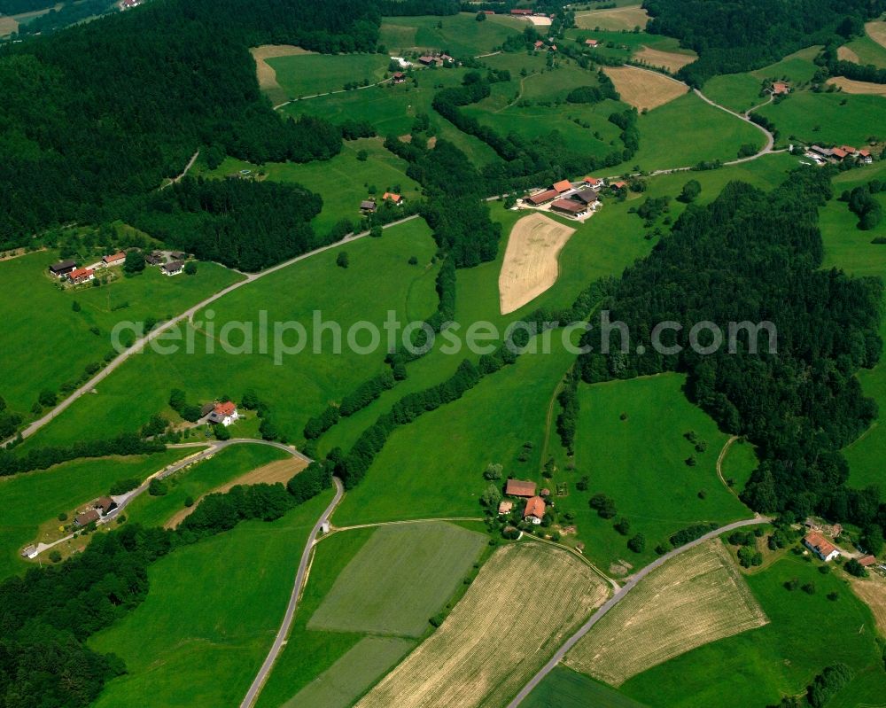 Aerial photograph Grünbühel - Agricultural land and field boundaries surround the settlement area of the village in Grünbühel in the state Bavaria, Germany