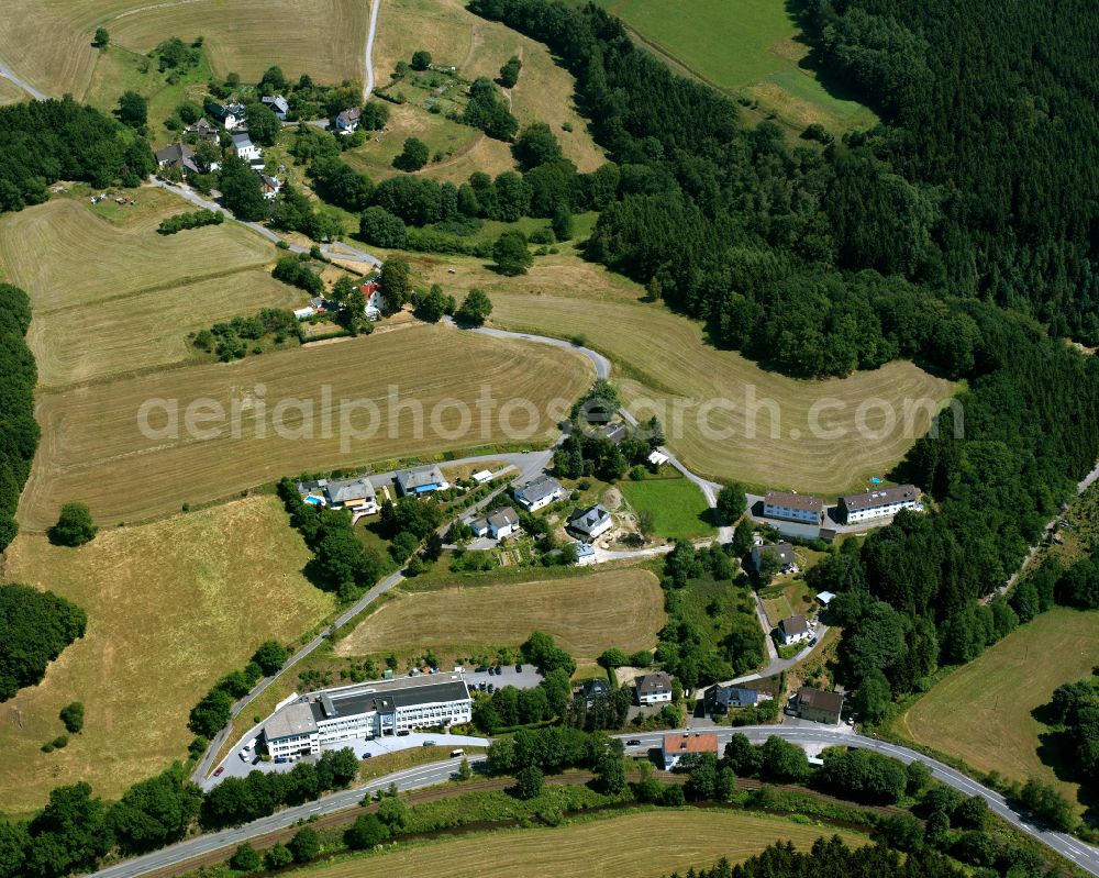 Aerial photograph Grünenbaum - Agricultural land and field boundaries surround the settlement area of the village in Grünenbaum in the state North Rhine-Westphalia, Germany