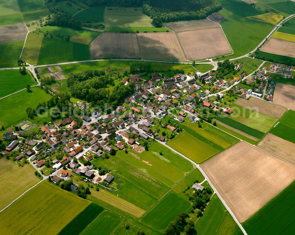 Aerial photograph Grüningen - Agricultural land and field boundaries surround the settlement area of the village in Grüningen in the state Baden-Wuerttemberg, Germany