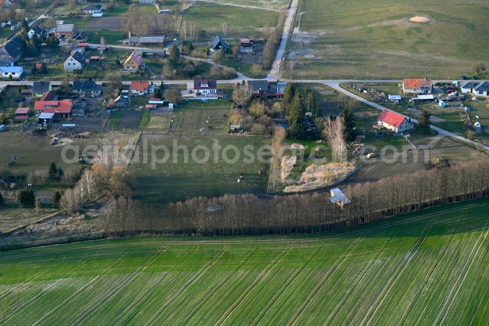 Grünow from above - Agricultural land and field boundaries surround the settlement area of the village in Grünow in the state Mecklenburg - Western Pomerania, Germany