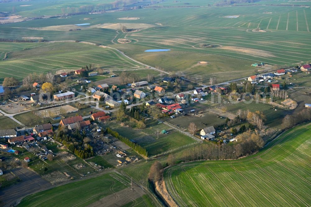 Grünow from above - Agricultural land and field boundaries surround the settlement area of the village in Grünow in the state Mecklenburg - Western Pomerania, Germany