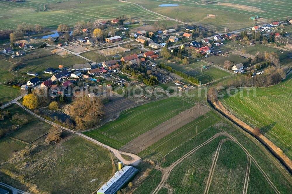 Aerial image Grünow - Agricultural land and field boundaries surround the settlement area of the village in Grünow in the state Mecklenburg - Western Pomerania, Germany