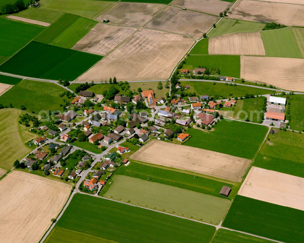 Grodt from above - Agricultural land and field boundaries surround the settlement area of the village in Grodt in the state Baden-Wuerttemberg, Germany