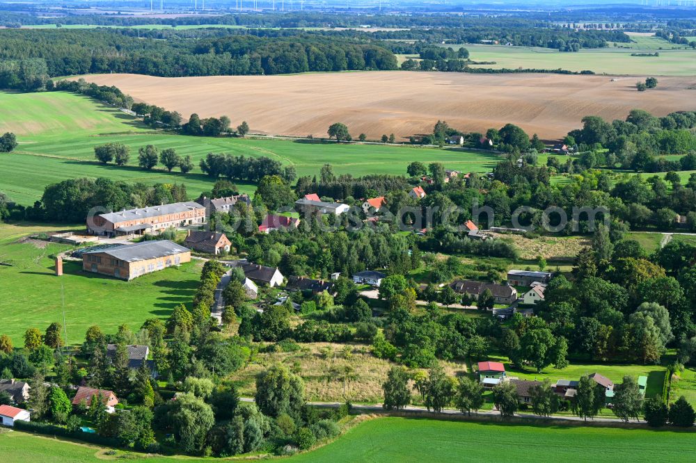 Groß Daberkow from the bird's eye view: Agricultural land and field boundaries surround the settlement area of the village in Gross Daberkow in the state Mecklenburg - Western Pomerania, Germany