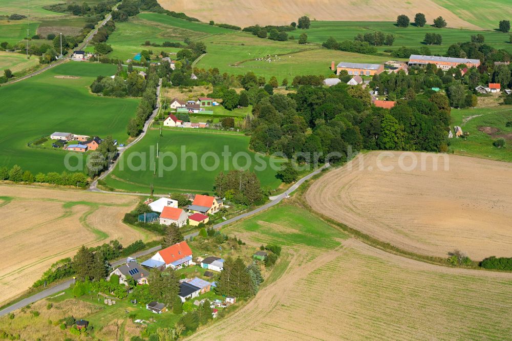 Groß Daberkow from above - Agricultural land and field boundaries surround the settlement area of the village in Gross Daberkow in the state Mecklenburg - Western Pomerania, Germany