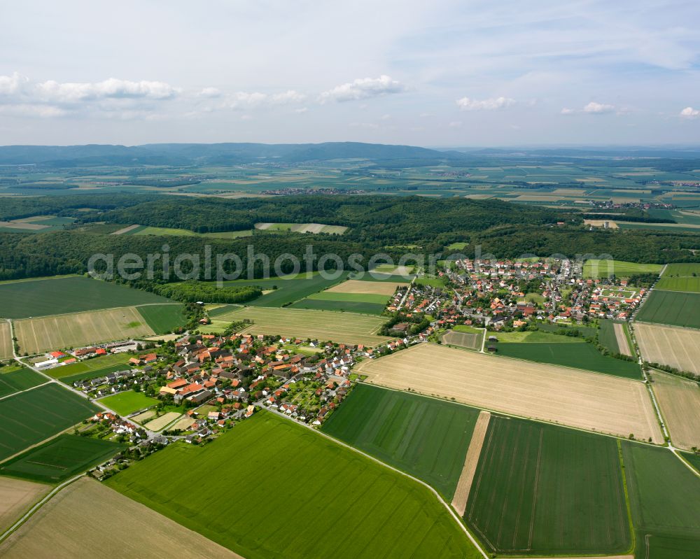 Aerial image Groß Döhren - Agricultural land and field boundaries surround the settlement area of the village in Groß Döhren in the state Lower Saxony, Germany