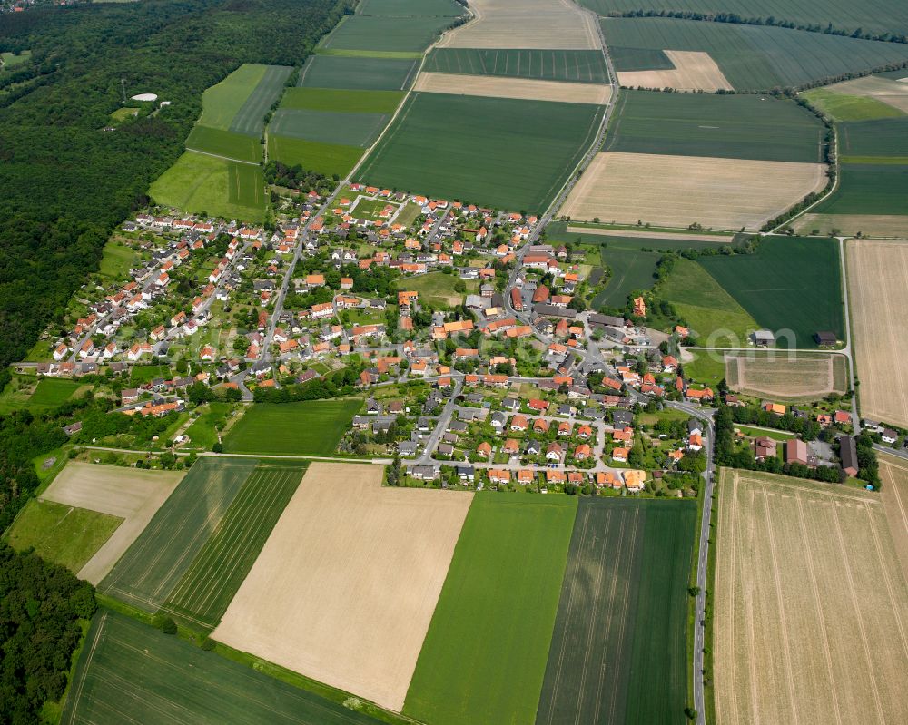 Aerial photograph Groß Döhren - Agricultural land and field boundaries surround the settlement area of the village in Groß Döhren in the state Lower Saxony, Germany