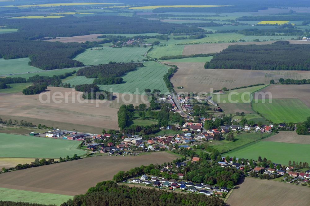 Groß Godems from above - Agricultural land and field boundaries surround the settlement area of the village in Gross Godems in the state Mecklenburg - Western Pomerania, Germany