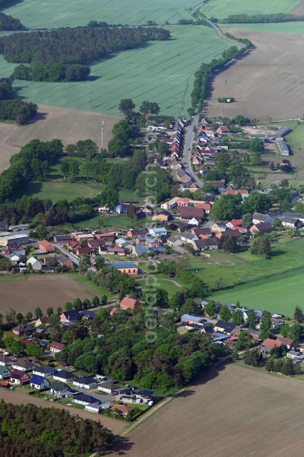 Aerial image Groß Godems - Agricultural land and field boundaries surround the settlement area of the village in Gross Godems in the state Mecklenburg - Western Pomerania, Germany