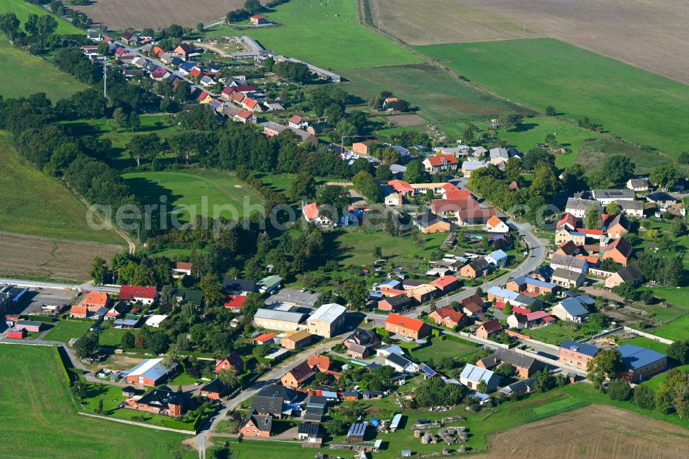 Aerial photograph Groß Godems - Agricultural land and field boundaries surround the settlement area of the village in Gross Godems in the state Mecklenburg - Western Pomerania, Germany