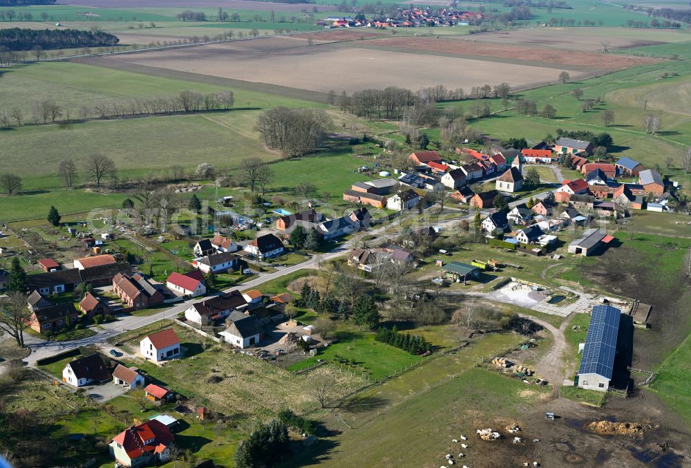 Aerial image Groß Haßlow - Agricultural land and field boundaries surround the settlement area of the village in Groß Haßlow in the state Brandenburg, Germany