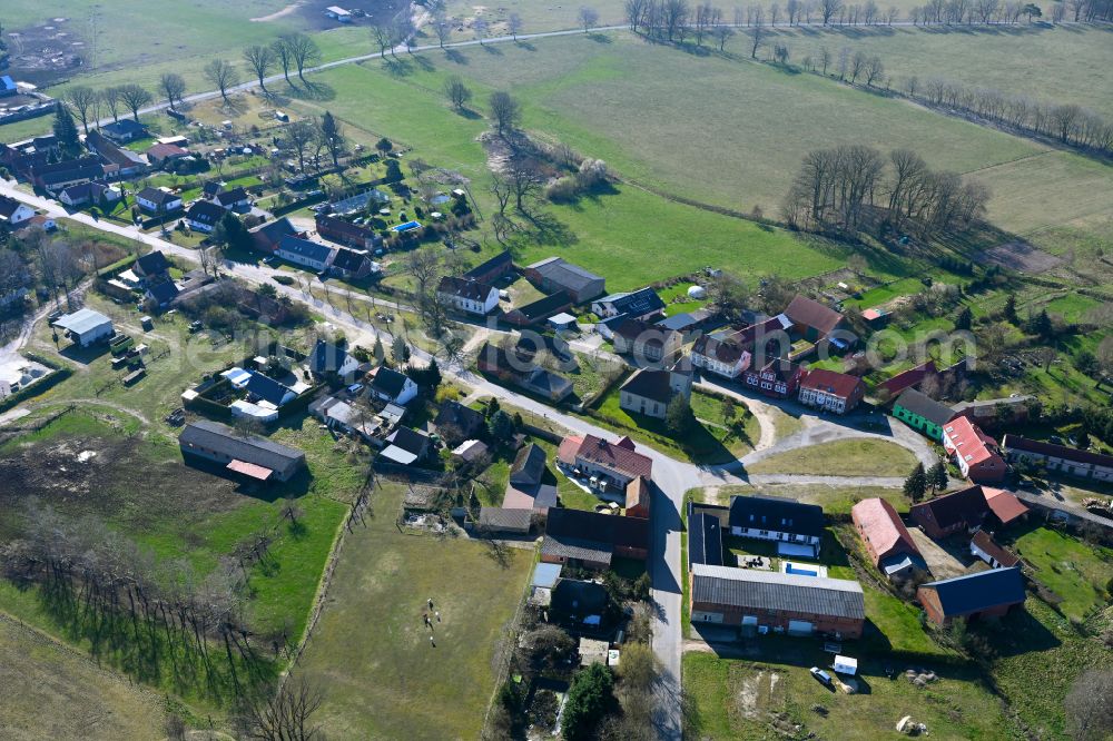 Groß Haßlow from above - Agricultural land and field boundaries surround the settlement area of the village in Groß Haßlow in the state Brandenburg, Germany