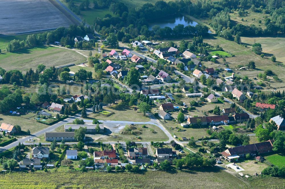 Groß Jehser from above - Agricultural land and field boundaries surround the settlement area of the village on street Schmiedeweg in Gross Jehser in the state Brandenburg, Germany