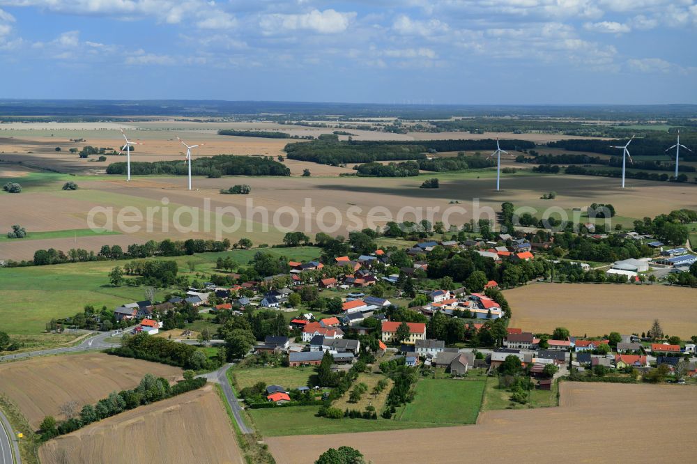 Aerial photograph Groß Warnow - Agricultural land and field boundaries surround the settlement area of the village on street Warnower Strasse in Gross Warnow in the state Brandenburg, Germany