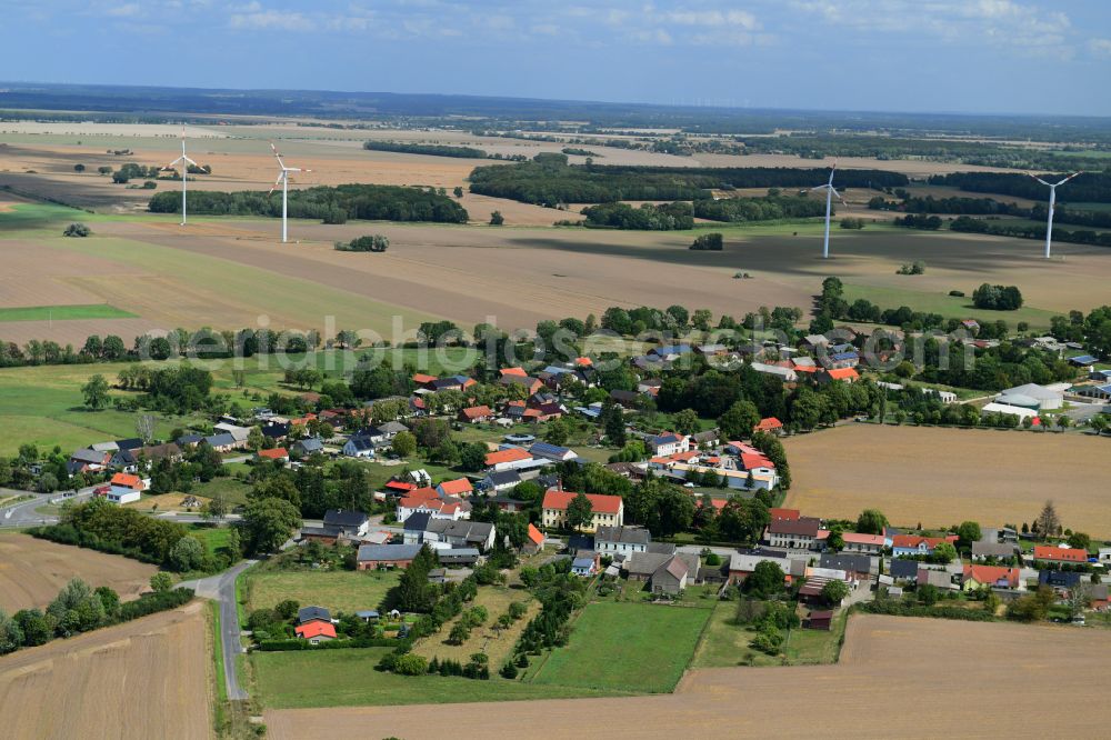 Groß Warnow from above - Agricultural land and field boundaries surround the settlement area of the village on street Warnower Strasse in Gross Warnow in the state Brandenburg, Germany