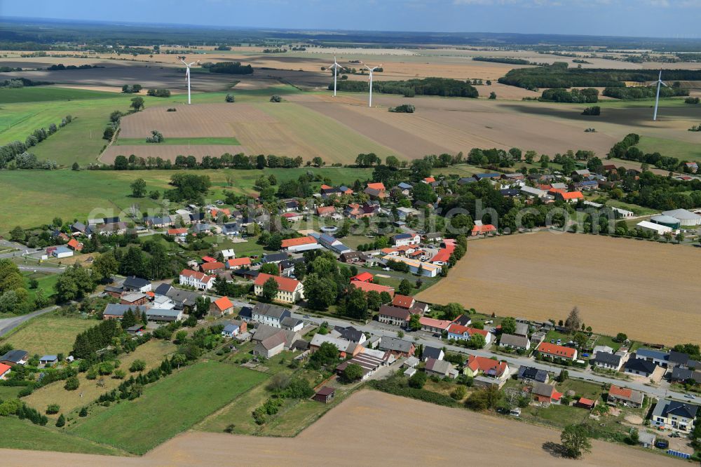 Aerial image Groß Warnow - Agricultural land and field boundaries surround the settlement area of the village on street Warnower Strasse in Gross Warnow in the state Brandenburg, Germany