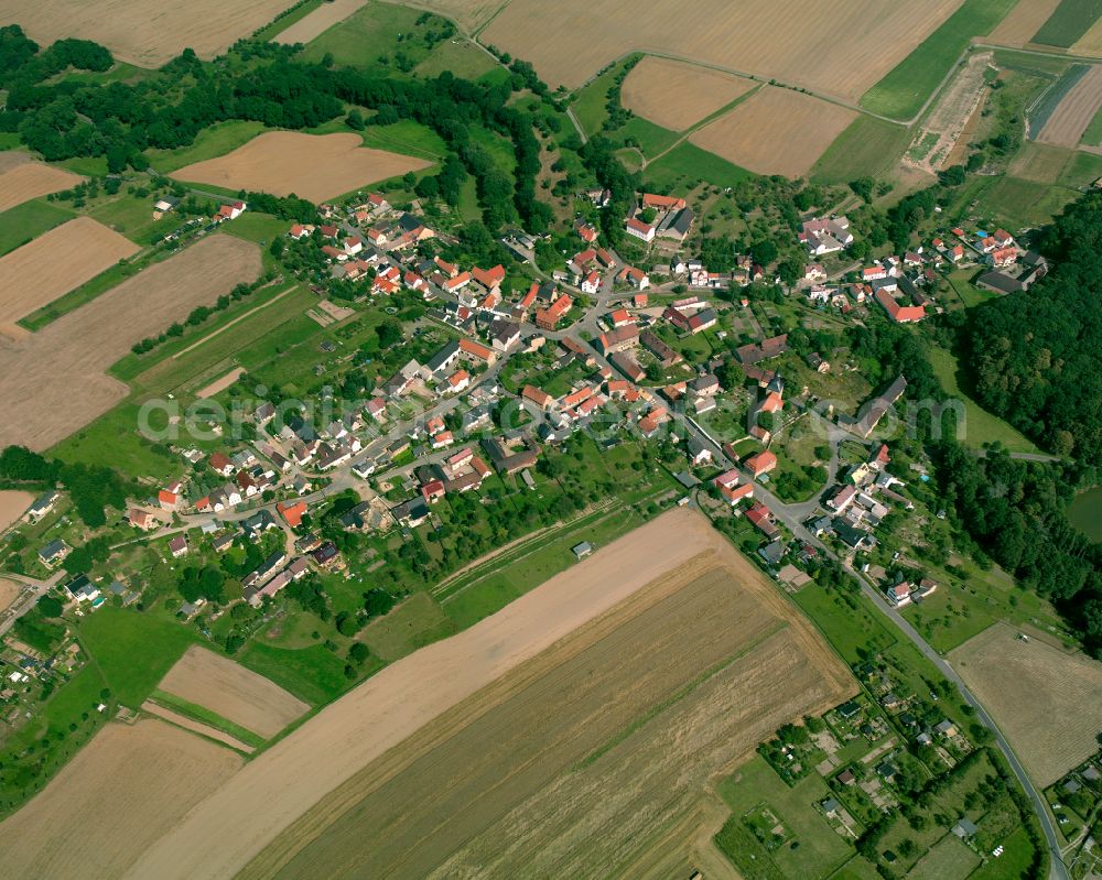 Aerial photograph Großaga - Agricultural land and field boundaries surround the settlement area of the village in Großaga in the state Thuringia, Germany