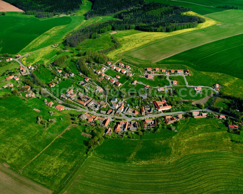 Aerial photograph Großbocka - Agricultural land and field boundaries surround the settlement area of the village in Großbocka in the state Thuringia, Germany