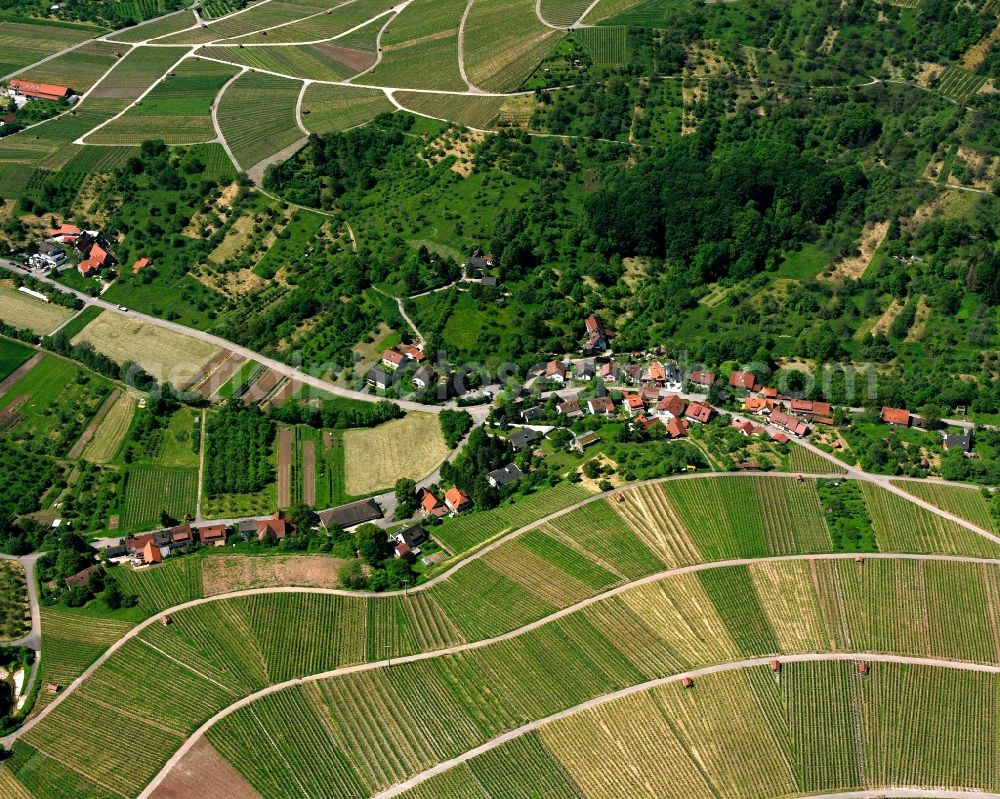 Aerial image Großheppach - Agricultural land and field boundaries surround the settlement area of the village in Großheppach in the state Baden-Wuerttemberg, Germany